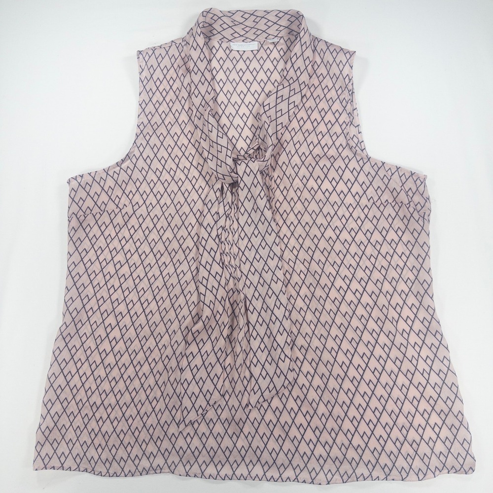 New York & Company Pink Geometric Diamond Print Sleeveless Tie Blouse L Office